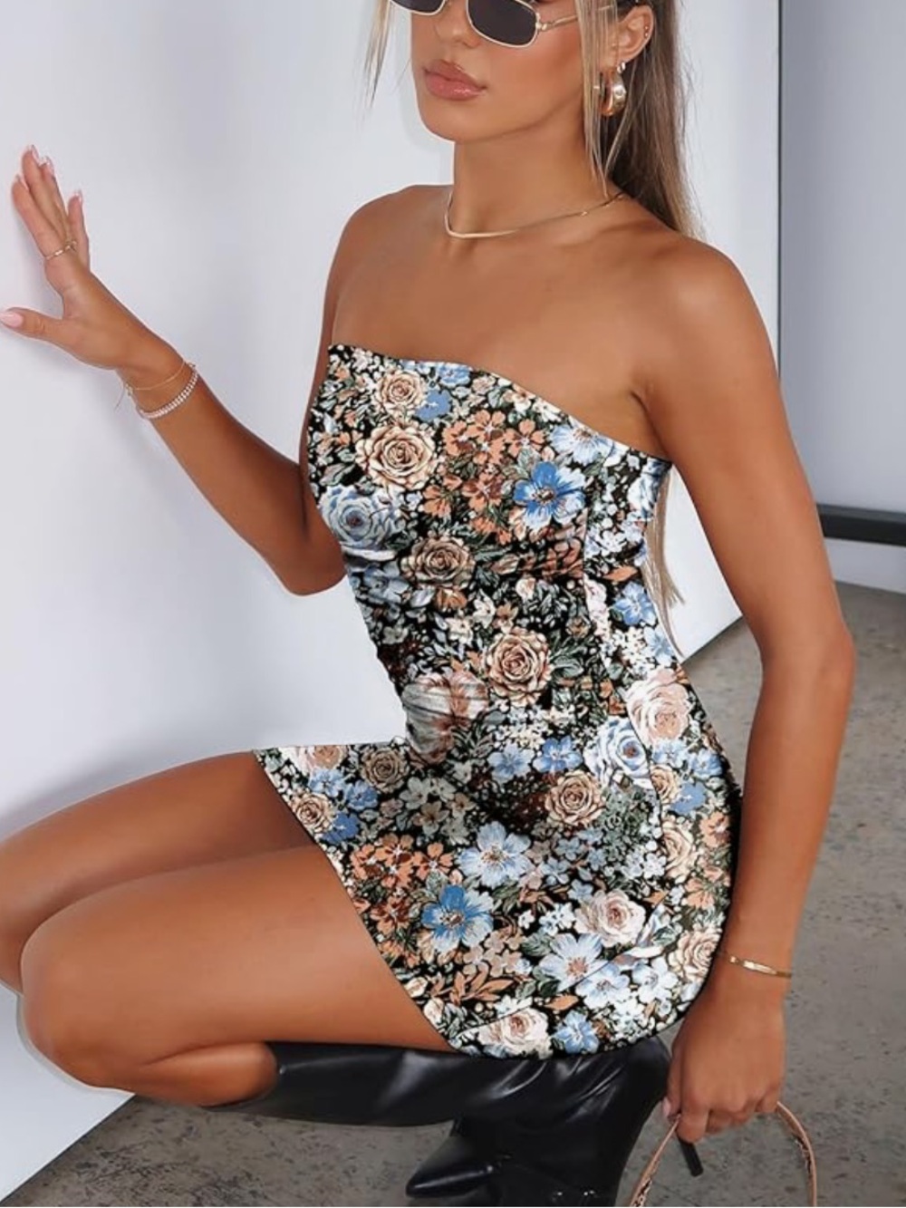 Chic Nation Strapless Floral Mini Dress - Blue, Cream & Black